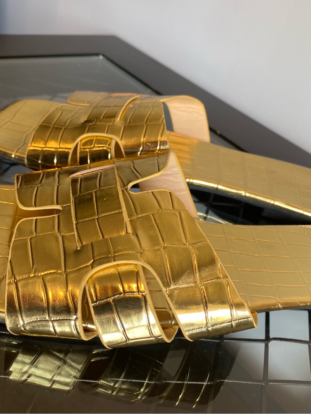Gold Metallic Croc-Embossed Slide Sandals
